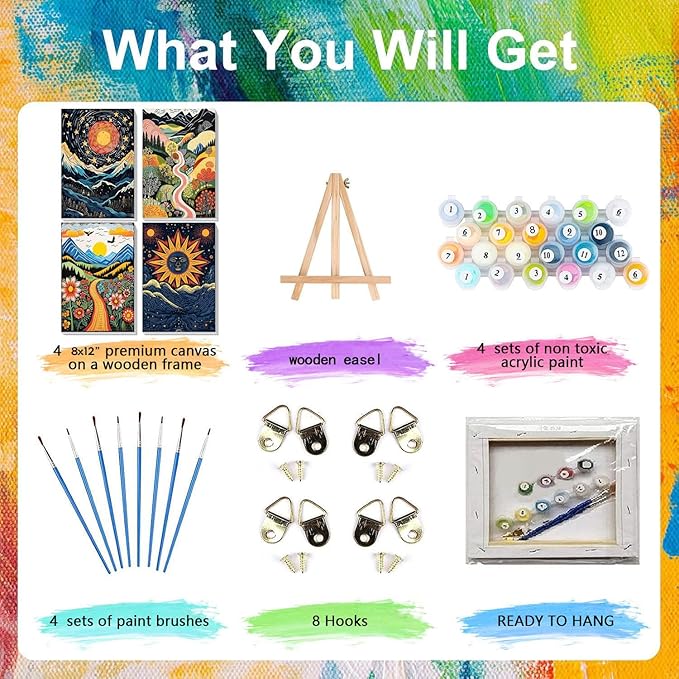 4 Pack Paint by Numbers for Adults with Framed Canvas - with Wooden Easel, Abstract Landscape Paint by Number on Canvas, Scenery Acrylic Oil Painting Kits with Brushes for Home Wall Decor (8x12 inch)