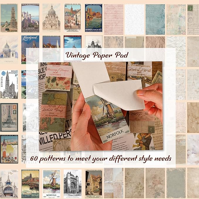 565 Pcs Vintage Scrapbook Paper Kit, Scrapbook Paper Supplies with Flowers Stickers, Journaling Decorative CraftPaper Set for Junk Journal, Retro Crafts