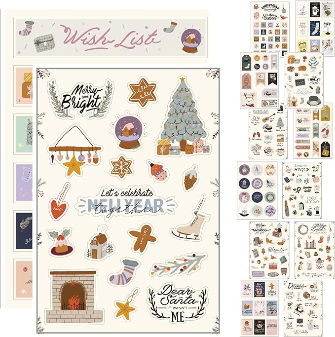 Merry Christmas Stickers - 14 Sheets of Seasonal Winter, Hygge and Holiday Planner for Journaling, Scrapbooking, Greeting Cards, Crafts, Gift Wrap - Aesthetic for Kids and Adults