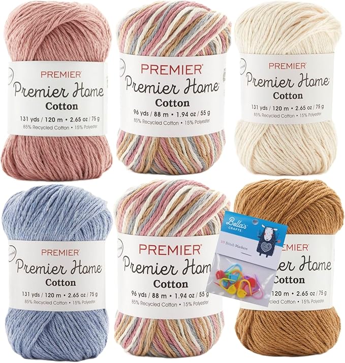 Premier Home Cotton Yarn 6-Pack Bundle with Bella's Crafts Stitch Markers (Rosy Cheeks Asst #106)