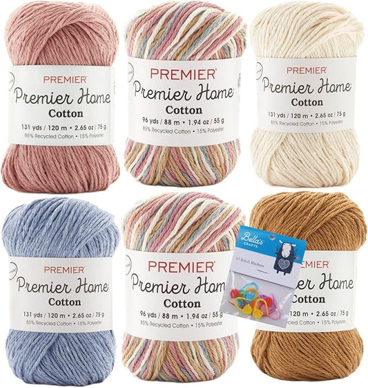 Premier Home Cotton Yarn 6-Pack Bundle with Bella's Crafts Stitch Markers (Rosy Cheeks Asst #106)
