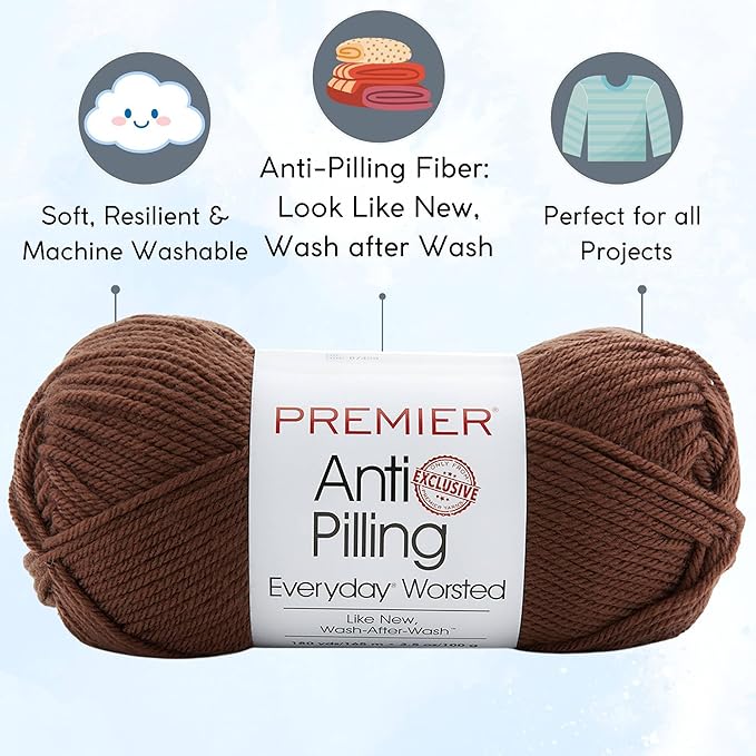 Premier Yarns Everyday Anti-Pilling Solid Walnut DN100-86 (3-Skeins - Same Dye Lot) #4 Worsted Weight Acrylic Yarn for Crocheting and Knitting with Project Bag