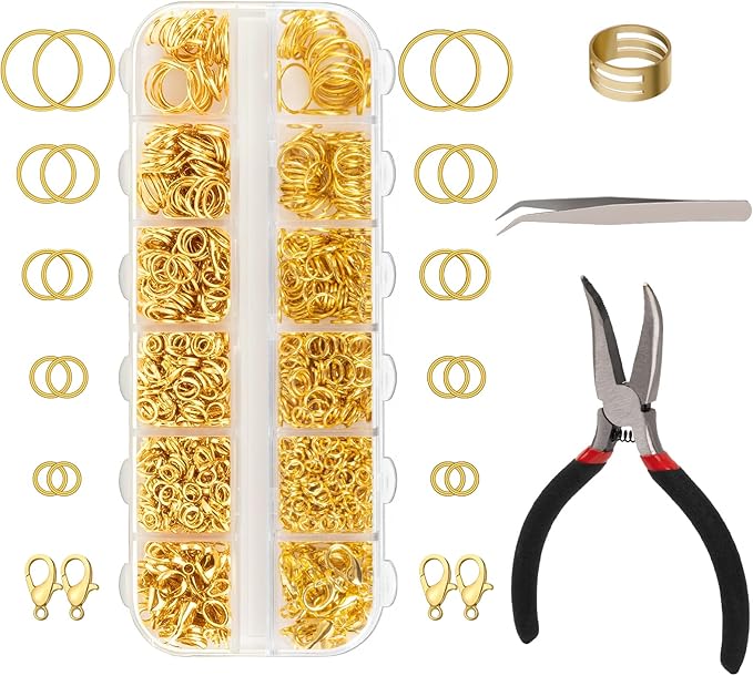 1200 Pcs Jump Rings, Jewelry Making Kit with Open/Close Tools, Pliers, Tweezers, Lobster Clasps, DIY Necklace Repair and Keychain Supplies (Gold)