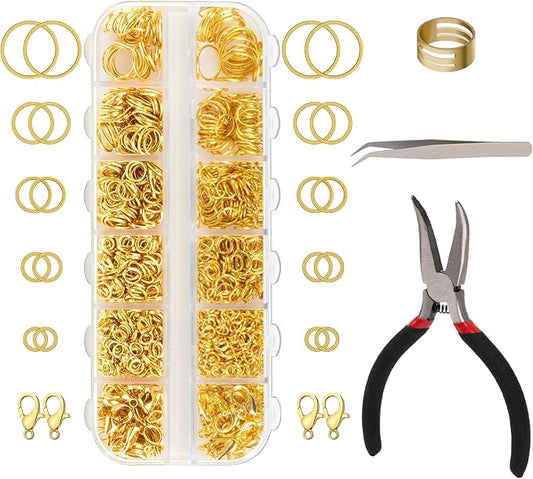1200 Pcs Jump Rings, Jewelry Making Kit with Open/Close Tools, Pliers, Tweezers, Lobster Clasps, DIY Necklace Repair and Keychain Supplies (Gold)