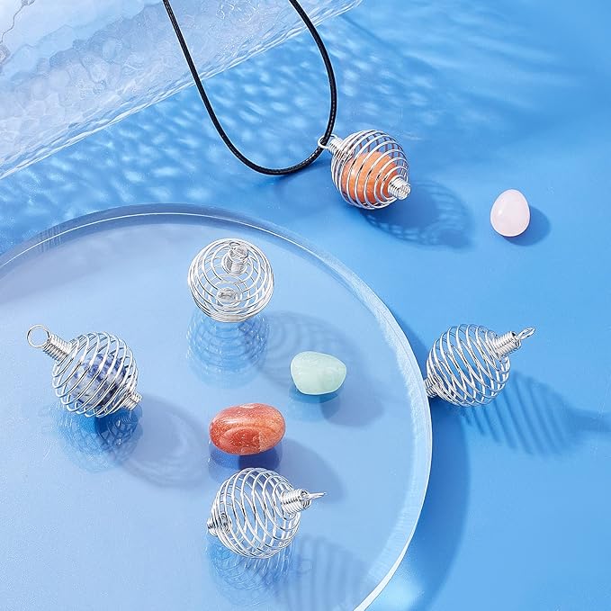 PH PandaHall 15 Pcs Stainless Steel Wrap-Around Spiral Round Bead Cages Pendant Charm 32x19mm for Jewelry Making