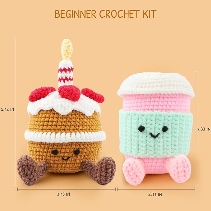 HOUSE CREATIVITY Crochet Kit for Beginners – Create a Cute Cake & Coffee Scene, Amigurumi Crochet Starter Kit with Video Tutorial, Yarn & Hook, DIY Dessert Desk Decor for Coffee Lovers