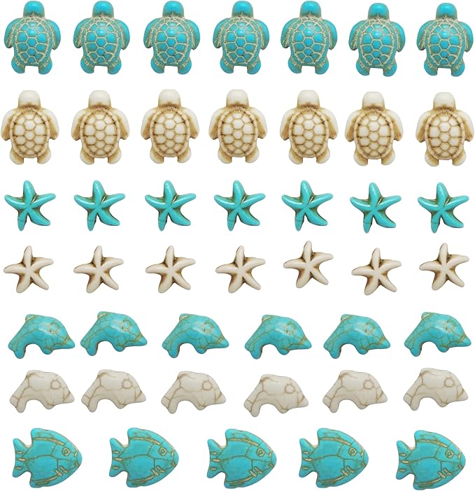 Julie Wang 55PCS Man-made Turquoise Beads Blue White Starfish Turtle Dolphin Fish Ocean Charms for Jewelry Making Summer Beach Beads Sea Pendants Necklace Earring Bracelet Craft DIY Supplies