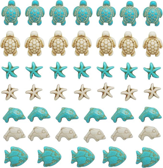 Julie Wang 55PCS Man-made Turquoise Beads Blue White Starfish Turtle Dolphin Fish Ocean Charms for Jewelry Making Summer Beach Beads Sea Pendants Necklace Earring Bracelet Craft DIY Supplies