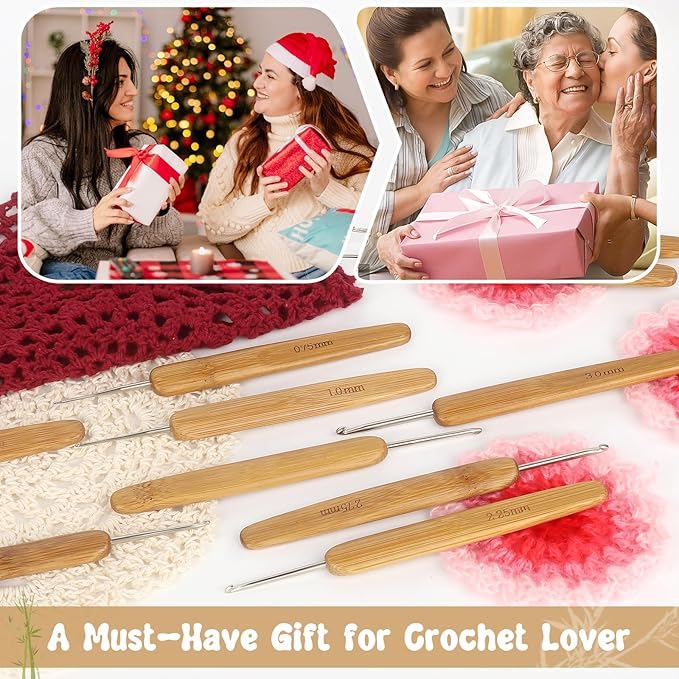 Katech 10 pcs Crochet Hooks Ergonomic Crochet Needles Bamboo Wooden Handle Small Size Crochet Hook (0.75-3.0 mm) Knit Weave Yarn Craft DIY Sewing Tools for Fine Work, Thin Yarn and Lace Knitting