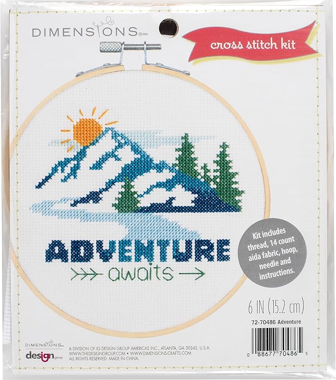 Dimensions 72-70486 Adventure Awaits Counted Cross Stitch Kit for Beginners, 6" Diameter, 14 Cnt. Aida, 5 Pieces