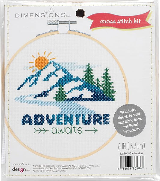 Dimensions 72-70486 Adventure Awaits Counted Cross Stitch Kit for Beginners, 6" Diameter, 14 Cnt. Aida, 5 Pieces