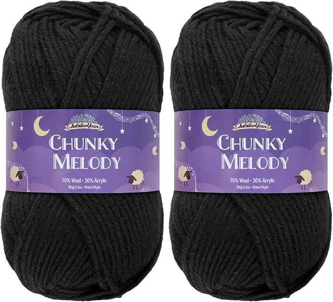 JubileeYarn Chunky Melody Yarn - 100g/Skein Bulky Wool Blend - Black - 2 Skeins