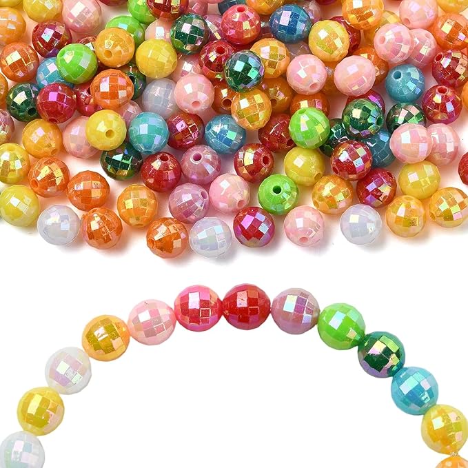 Ipotkitt 200 Pcs 8mm Faceted Round Acrylic Beads AB Color Platic Spacer Beads Random Color Round Ball Loose Beads for DIY Jewelry Making Home Decoration