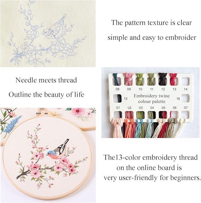 Silentsea Embroidery Kit, Floral and Nature Designs, 3-Pack with Hoops, Needlework Pattern Set (Bird)