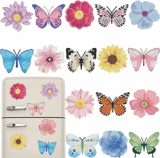 16 Pcs Butterfly Diamond Painting Magnets Kits,Flowers Diamond Art Fridge Magnet Refrigerator Sticker Diamond Painting kit for Beginners Adults DIY Art Craft Gifts Home Decors (Butterfly)
