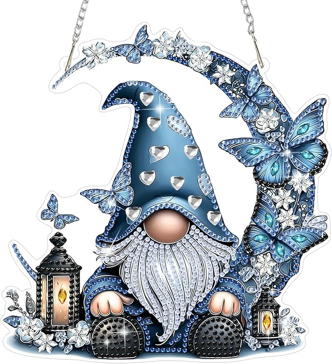 MEIYUDA Gnome Diamond Art Hanging Kits for Adult, Moon Gnome Diamond Painting Hanging Kits Ornaments, DIY Special Shaped Rhinestone Window Pendants Kit for Home Garden Wall Decor Gift