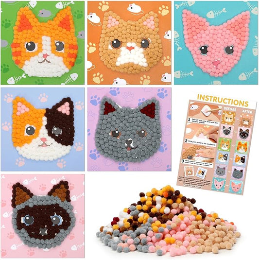 Upltowtme DIY Pom-Poms Art Kit, Cat-Themed Crafts with 6 Patterns, Stick Fuzzy Ball Art, Creative DIY Home Decor & Gift for Cat Lovers