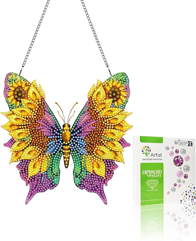 VAIIEYO Butterfly Diamond Painting Hanging Ornament,Sunflower Double Side Window Hanging Kit with Chain, 7.5x7.5 inch Crystal Pendant Art Craft for Gift Home Wall Front Door Decoration