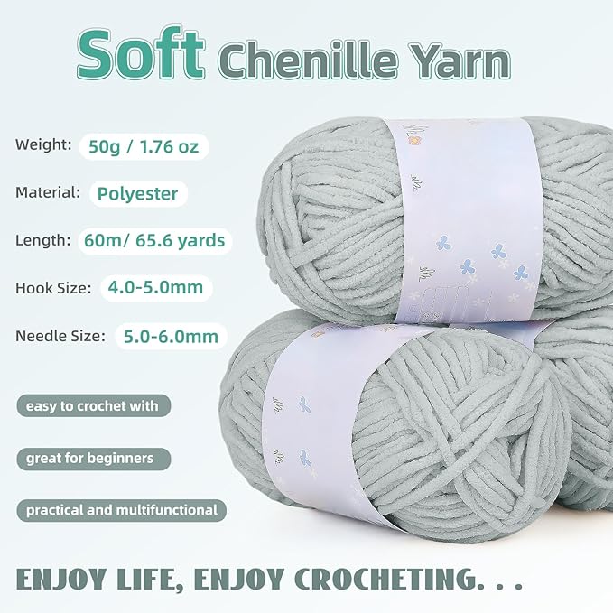 Aeelike Blanket Crochet Kit for Beginners, Easy Crochet Blanket Kit with Soft Chenille Yarns Detailed Instruction Crocheting Accessories Complete Beginners Crocheting Kits, Cyan-Gray