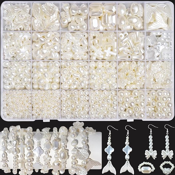 1170 Pcs ABS Imitation Pearl Beads for Jewelry Making, Assorted Heart Star Bowknot Circle Flower Aesthetic Cute Bead for Bracelet Necklaces Earrings Key Chains DIY Phone Charm Crafts (White)