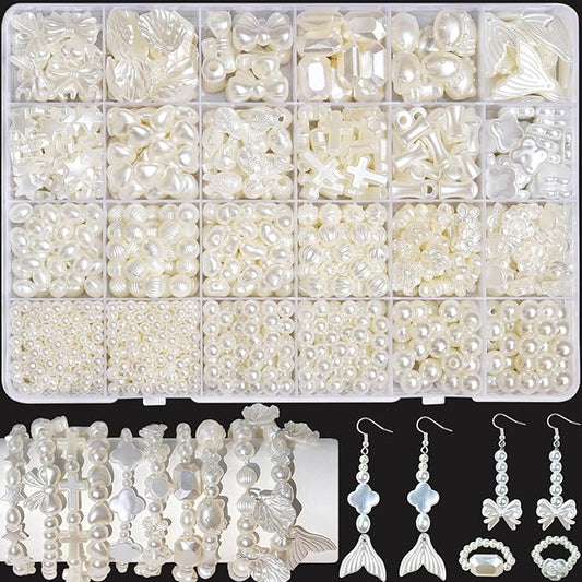 1170 Pcs ABS Imitation Pearl Beads for Jewelry Making, Assorted Heart Star Bowknot Circle Flower Aesthetic Cute Bead for Bracelet Necklaces Earrings Key Chains DIY Phone Charm Crafts (White)