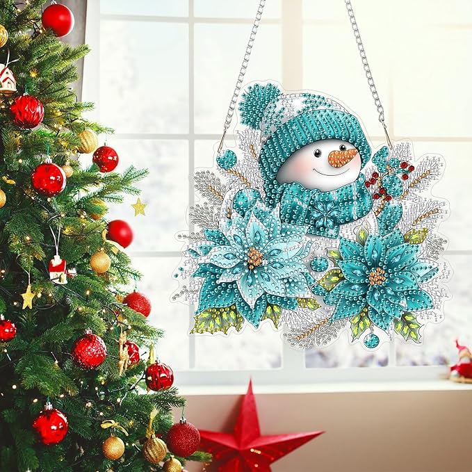 MEIYUDA Snowman Diamond Art Hanging Kits for Adult, Winter Snowflake Diamond Painting Hanging Kits Ornaments, DIY Special Shaped Rhinestone Window Pendants kit for Home Garden Wall Decor Gift