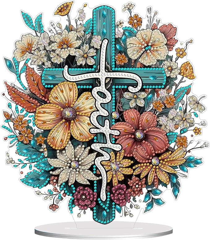 hyzsj DIY Diamond Desktop Ornament, Crystal Cross Flower Diamond Art Painting Tabletop Ornaments Single Sided, Diamond Ornament for Adult Beginner Home Office Decor Crafts Gift