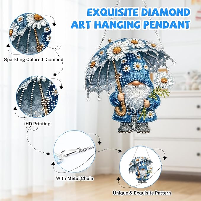Bowetile Gnome Diamond Art Hanging Kits for Adults, 5D Special Shape Diamond Painting Daisy Pendant Kits, Gem Art Suncatchers Painting Window Ornament for Home Garden Wall Decor