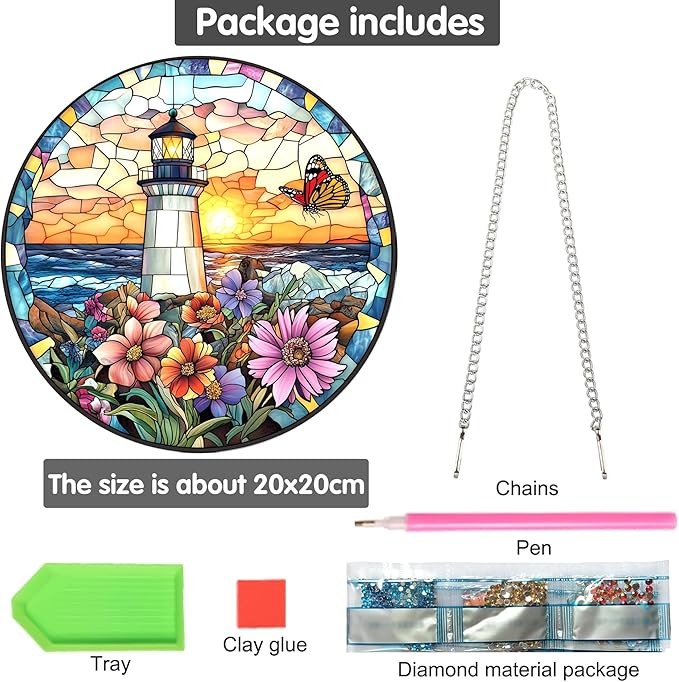 Bimkole Lighthouse Diamond Art Hanging Kit for Adult, DIY 5D Diamond Art Flower Window Pendant, Acrylic Crystal Art Hanging Ornament Home Wall Garden Front Door Sign Outdoor Decor 7.8x7.8 Inch
