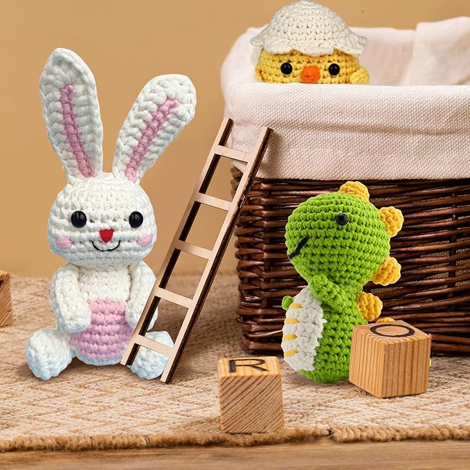 wokdsbl Crochet Kit for Beginners with Upgraded Premium Custom Yarn and Step-by-Step Video Tutorials, Ideal DIY Craft Gift, Crochet Animal Kits for Easter Egg Fillers (Bunny & Chick & Dinosaur)
