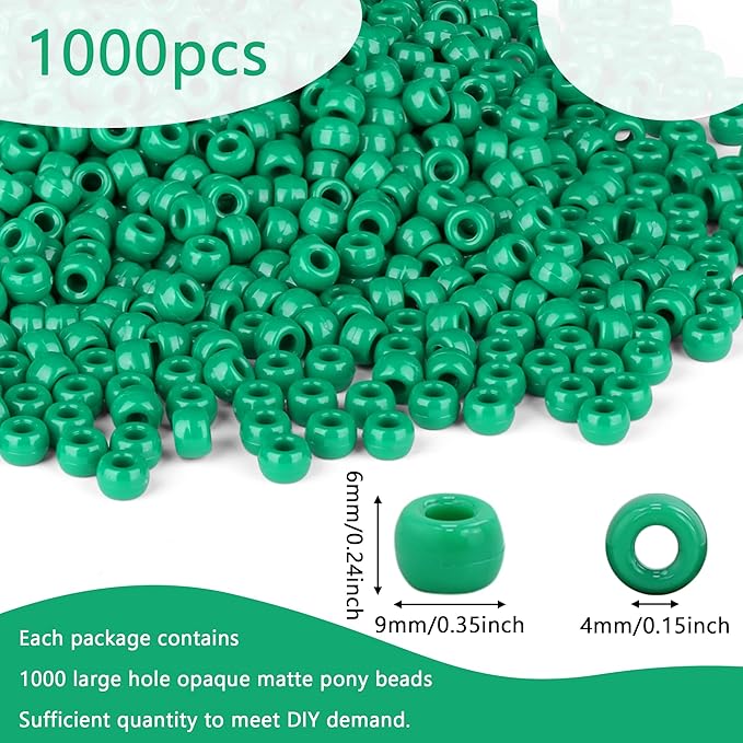 Green Pony Beads 1000Pcs 9mm Pony Beads Bulk Green Beads for Friendship Bracelets Kandi Beads Hair Beads for Braids Beads for Crafts