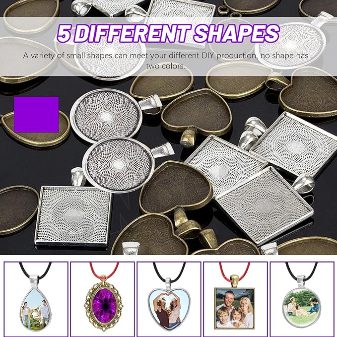 Swpeet 100Pcs 5 Shape Round/Teardrop/Heart/Oval/Square Pendant Trays Kit for Jewelry Making, Bezel Pendant Trays, Clear Glass Cabochons Tiles, Key Ring with Chain and Waxed Necklace Cord for Crafts