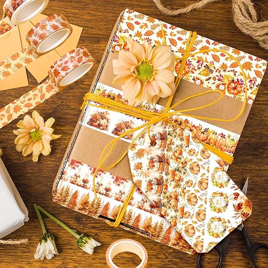 Whaline 12 Rolls Fall Floral Washi Tape Watercolor Pumpkin Maple Leaves Washi Tape Autumn Decorative Masking Tape for Thanksgiving Harvest Scrapbook Journal DIY Art Craft Gift Wrapping