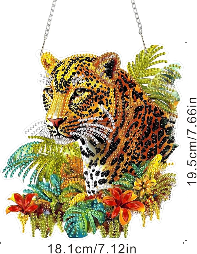SENQAO Leopard Diamond Art Hanging Kit for Adult, Special Shaped Rhinestone, DIY Acrylic 5D Cheetah Diamond Art Painting Window Pendants Home Garden Wall Hanging Kits Hanging Ornament