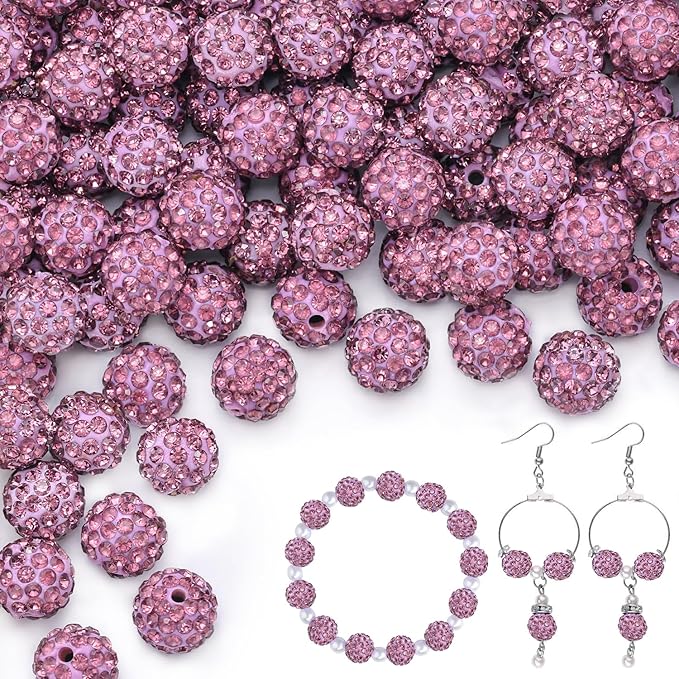 200pcs 10mm Light Purple Rhinestone Beads for Jewelry Making, Shiny Round Shamballa Disco Ball Beads, Sparkle Crystal Clay Christmas for Bracelet Baseball Necklace Earring Crafting and DIY