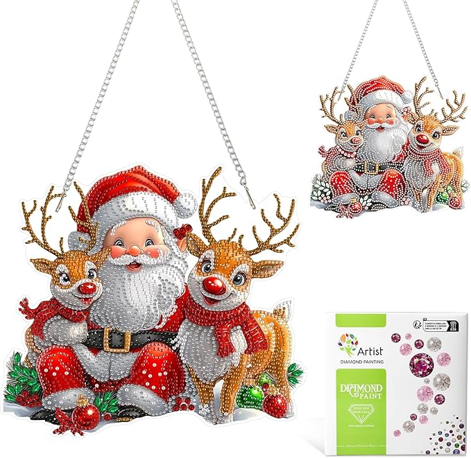 MAXBYE Christmas Diamond Art Kit for Adults, Santa Claus Acrylic Diamonds Painting Hanging Pendant Kit, 5D DIY Elk Gem Art Kit for Home Wall Decor