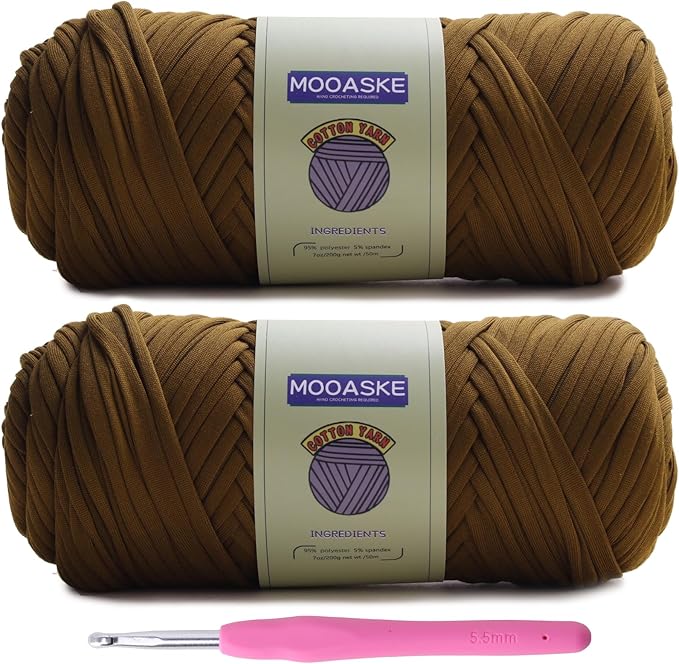 2 Pack T-Shirt Crochet Yarn for DIY Knitting Crochet Cloth Blanket Bag Dolls - 400g Chunky Thick Yarn for Crocheting with Polyester-Spandex Blend Elastic Fabric (Brown)
