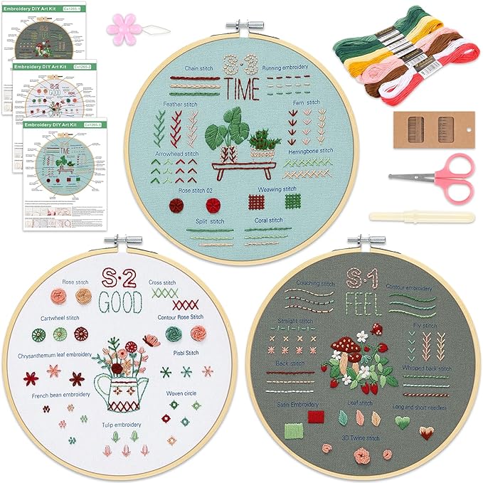 KintKita Embroidery Kit for Adults Beginners, 3 Stages to Learn 31 Basic Embroidery Stitches Practice Cross Stitch Kits for Beginners with Embroidery Patterns, Hoop,Threads,Tools