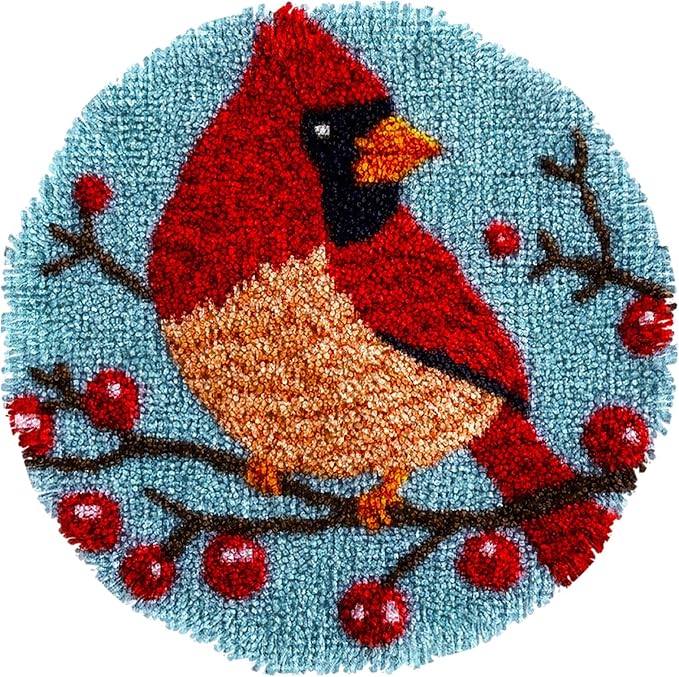 Latch Hook Rug Kit Cute Cartoon Red Cardinal Bird on Red Berry Tree Easy for Beginners Round Shape Carpet Crochet Yarn Craft Mini Rug DIY Hook and Latch Little Tapestry for Home Decor 30x30cm-3