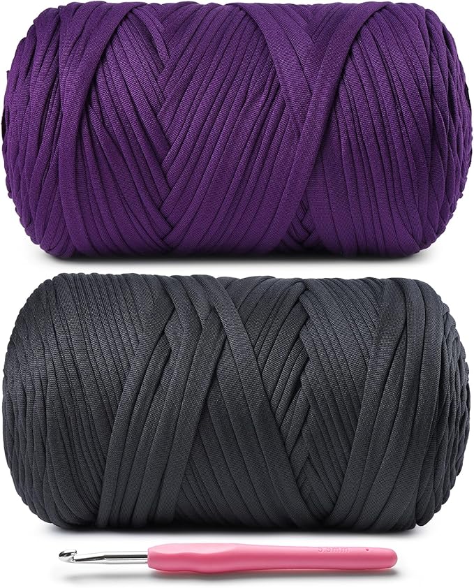 2 Pack Elastic Fabric T Shirt Yarn for Crocheting，Beginner Crochet Yarn with Polyester Spandex Blend,Total 800g/228yds Soft Tshirt Yarn for Crochet Crafts/Bags/Baskets (Violet+Carbon Gray)