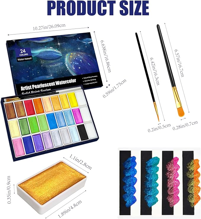 6ML Shimmer Watercolor Paint Set, 24 Colors Glitter Metallic Watercolour Painting Sets, Solid Pearl Water Color Paints for Artists, Amateur Hobbyists and Painting (24 Colours)