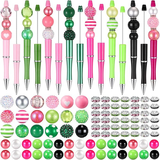 Geyee 15 Pcs Plastic Beadable Pens Assorted Bead Pens Multicolor Bubblegum Crystal Spacer Beads, Black Ink Ballpoint DIY Set, Back to School Gift for Student Summer Ocean Party Gifts(Pink Green)