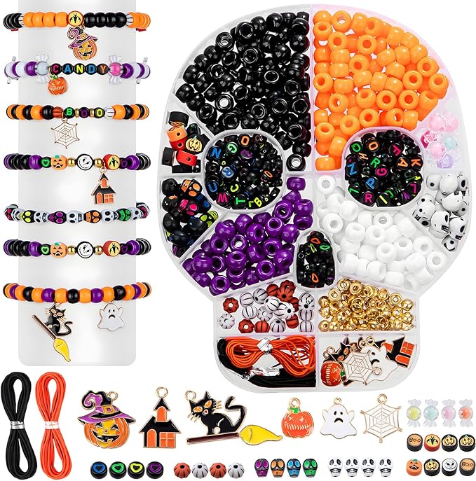 Taybonds Halloween Beads for Bracelet Jewelry Making Kit, Skull Polymer Clay Beads Pony Beads, Halloween Beads Charm for DIY Necklace Earrings, Gifts for Party