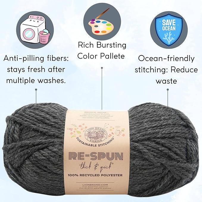 Lion Brand Re Spun Thick & Quick Raven 843-153 (6-Skeins - Same Dye Lot) Weight S Bulky #6 Polyester Yarn for Crocheting and Knitting with Project Bag