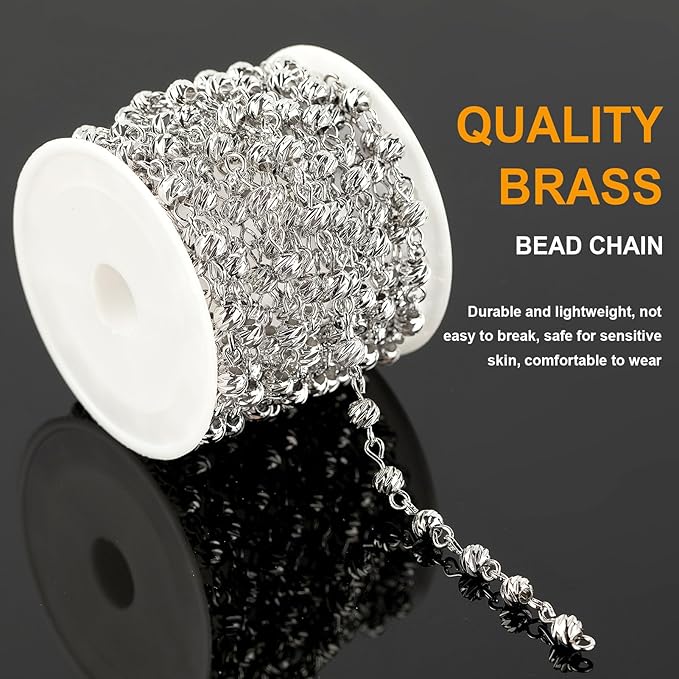KYUNHOO 3.3 Yard Silver Ball Bead Chain for Jewelry Making Solid Copper Chain Roll with Lobster Claps and Jump Rings Rosary Chain for Women Bracelet Necklace DIY Jewelry Supplies