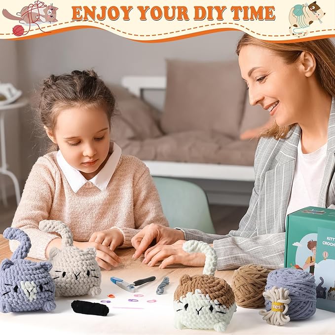 eelexa crochet kit for beginners, crochet animal kits for adults and kids, step-by-step video tutorials and easy peasy yarn, 3 cats