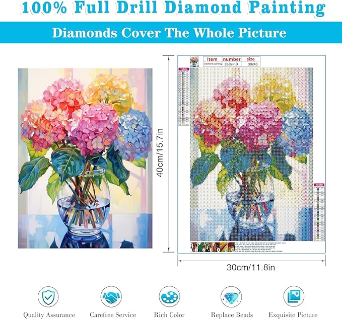 EIBEILI Diamond Painting Kits for Adults, Hydrangea in Glass 5D Diamond Art Kits for Beginner DIY Full Drill Diamond Dots Crystal Craft Kits for Home Wall Decor Gifts 11.8x15.7 inch