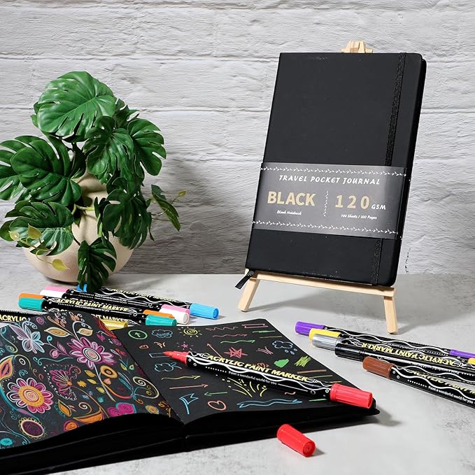 Thenshop 2 Pcs/200 Sheets Black Paper Sketchbook with 12 Metallic Marker Pens Set 6 x 8 in Black Writing Page Journal Notebook for Colored Gel Pens PU Hardcover Drawing Gifts