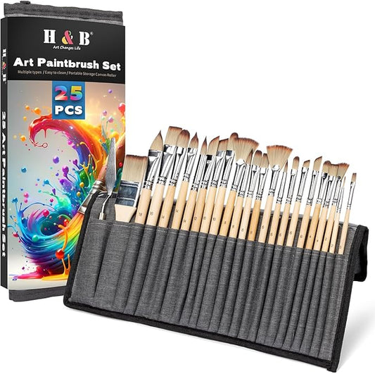 25PCS H&B Paint Brush Set, Travel Watercolor Acrylic Painting Brushes with Canvas Roll & Palette Knife, Professional Artist Brush Kit for Oil, Acrylic Canvas Paintings (Nature Wood)