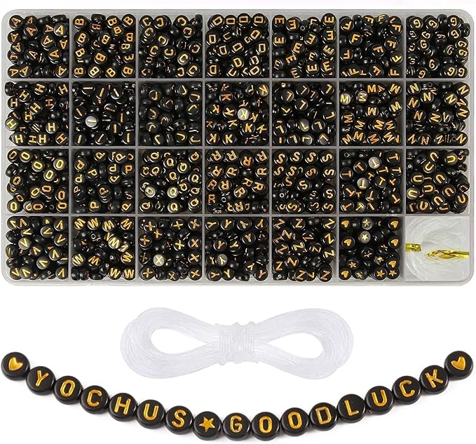 Yochus 1400pcs Black Letter Beads 4x7mm Sorted Alphabet Beads Gold Acrylic Letter Bead Kit for Jewelry Making and DIY Crafts, Bracelets, Key Chains